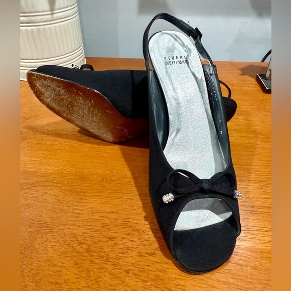 Stuart Weitzman Black Peep Toe Slingback Heels Bow Rhinestone Detail Size 9M - Picture 9 of 13